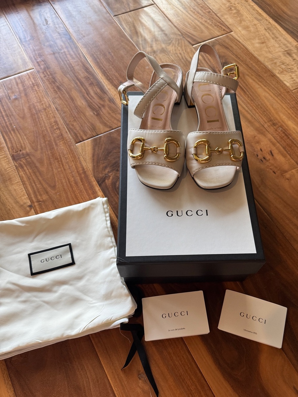 Gucci Baby Horsebit Leather Low Block Heel Sandal 36